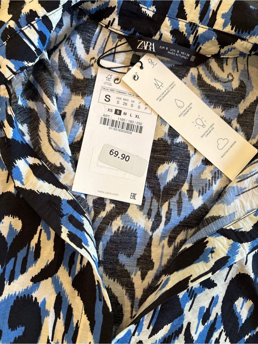 Zara Blue and Cream Ikat-Print Long Sleeve Maxi Shirt Dress with Tie Small - Picture 8 of 10